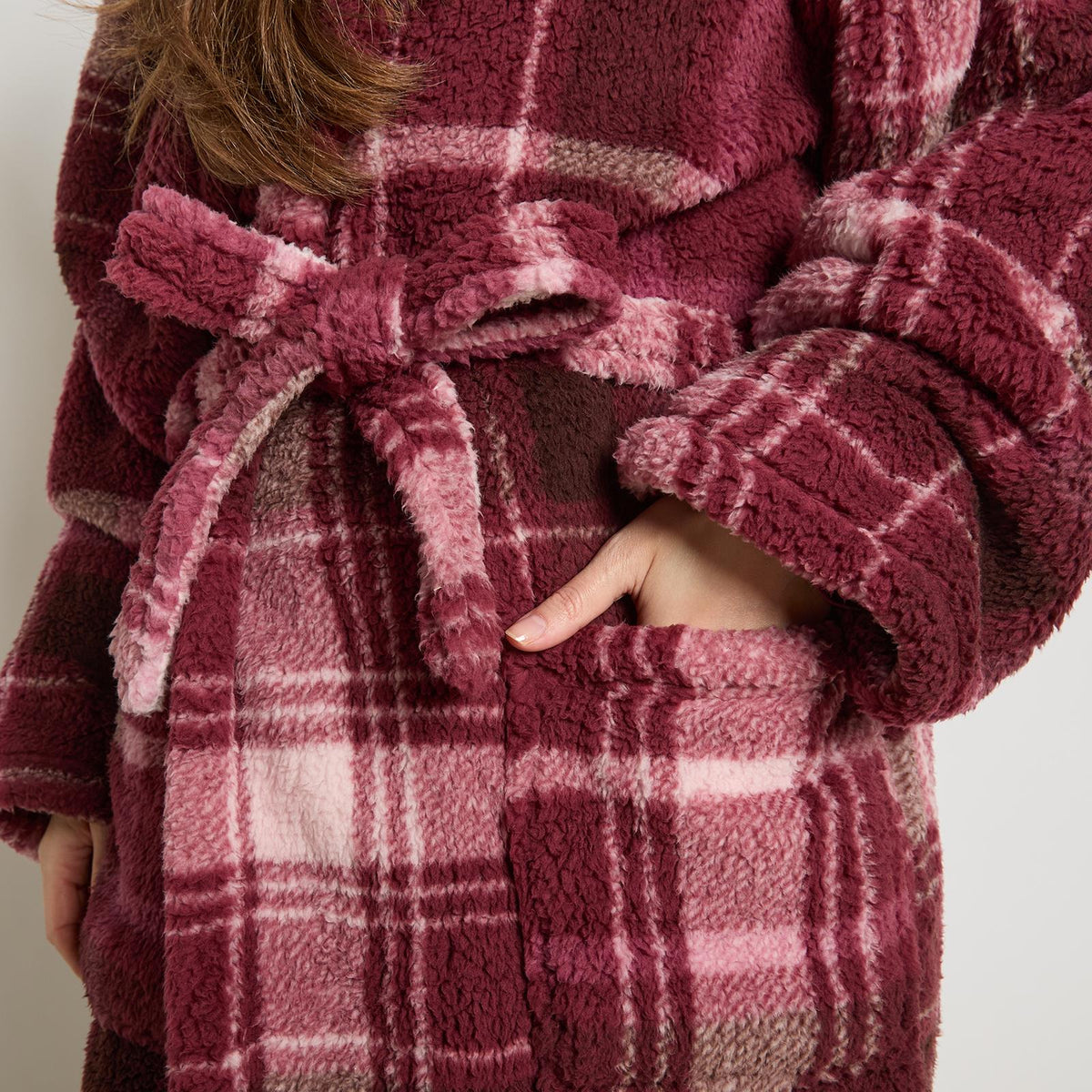OHS Teddy Dressing Gown Tartan Check Soft Unisex Hooded Xmas Loungewear Robe