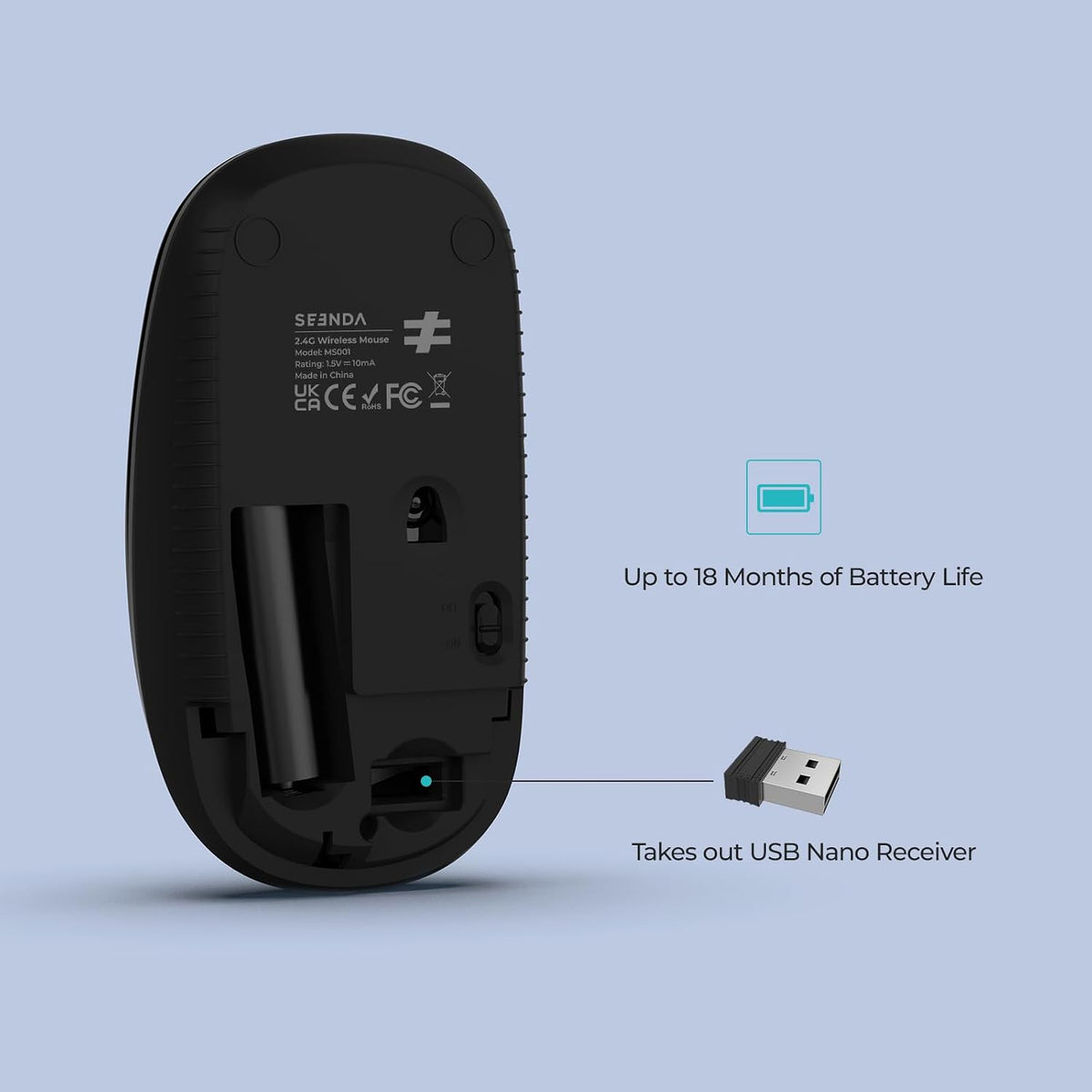 Seenda Wireless Mouse, Silent with 2.4G USB Receiver, Black