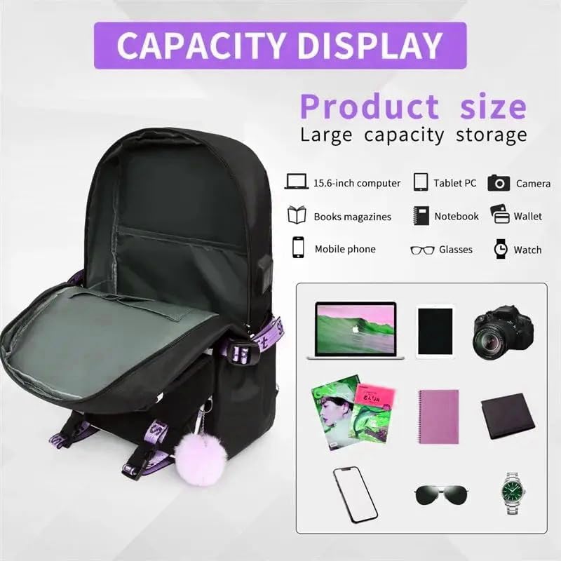 Kpop Purple Black Backpack for School, Large K Pop Rucksack with USB and Audio Cable, Lightweight Casual School Bag for Vacation Travel, Kpop Backpack for Girls Boys Fans
