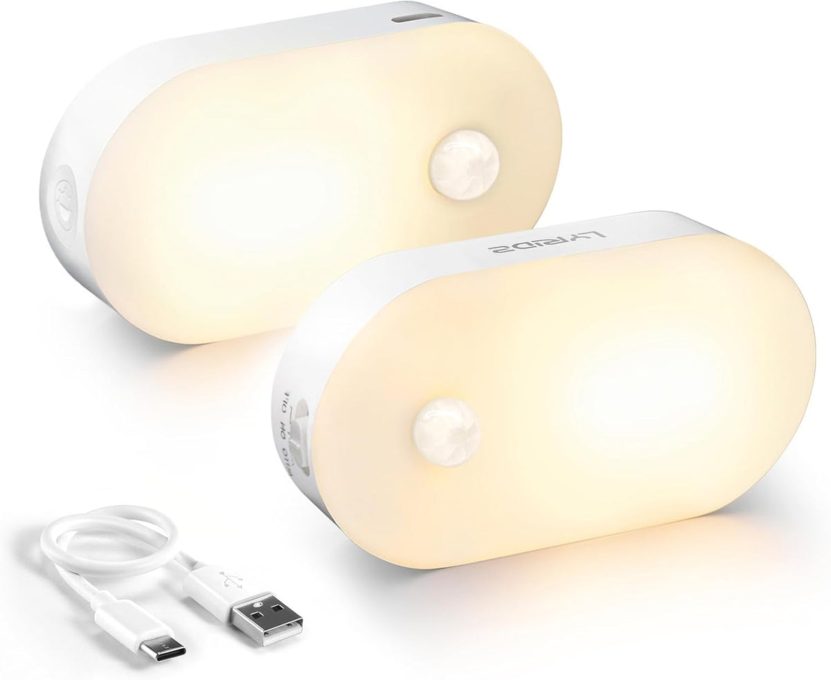 Lyridz Motion Sensor Night Light, Mini USB Rechargeable LED Night Light Kids, Stick on Anywhere Warm White Dimming Lighting for Corridor,Staircase,Bedroom,Children's Room,2 Pack