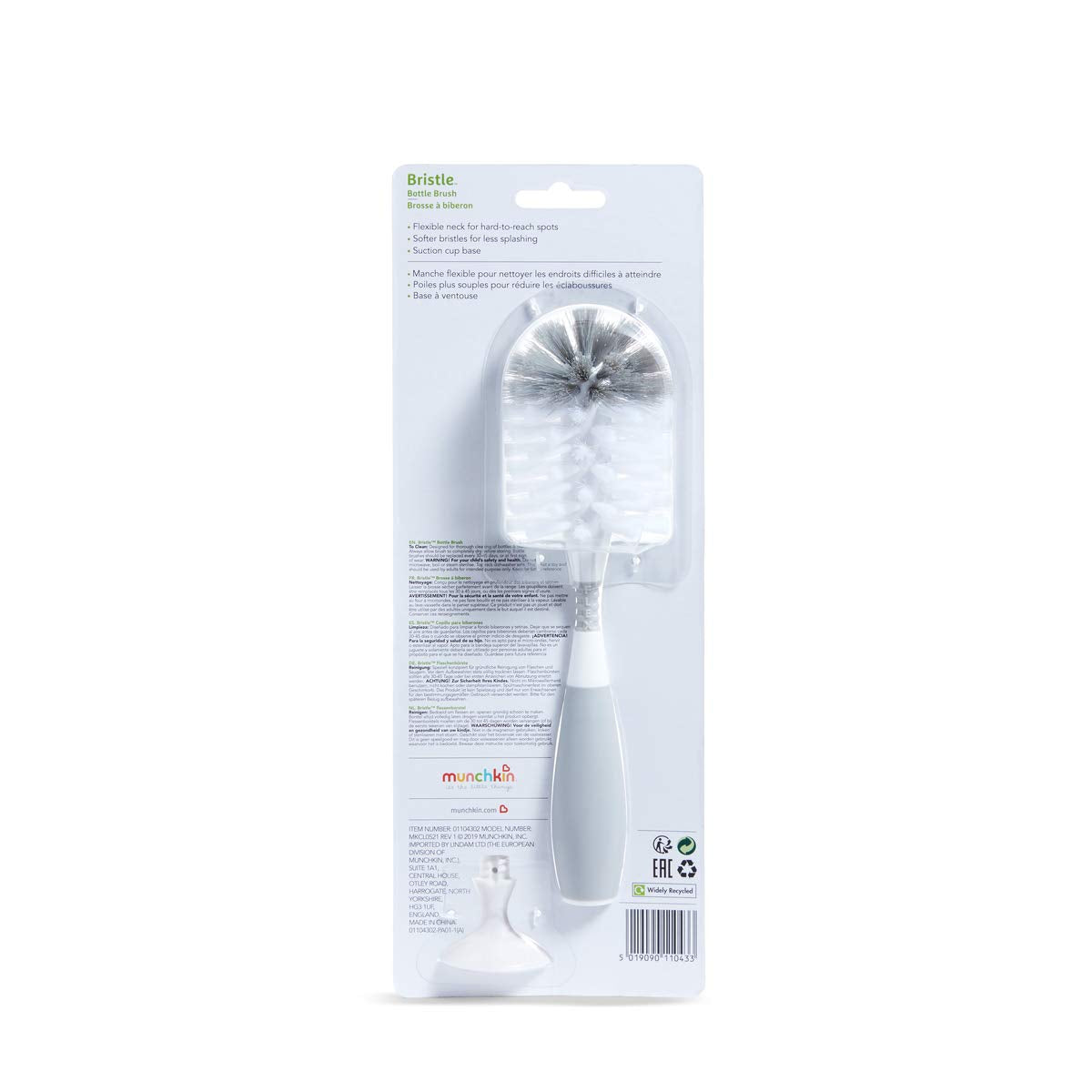 Munchkin Bottle Brush | For Cleaning Baby & Water Bottles with Built In Teat Brush | Freestanding | Dishwasher Safe | Bristle Brush | 1 Pack | Grey