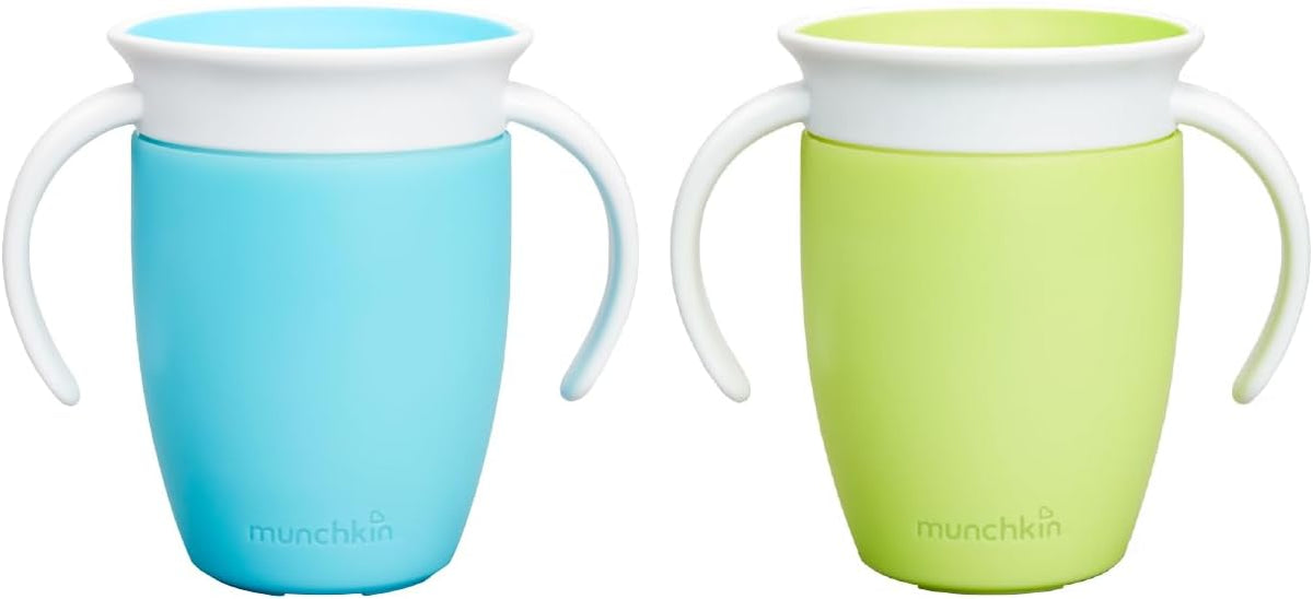 Munchkin Miracle 360 Sippy Cup | Trainer Toddler Cup | BPA Free Baby & Toddler Cups w.Handles | Non Spill Cup | Dishwasher Safe Baby Cup | Leakproof Cup | 6+ Months| 7oz/207ml | 2 Pack | Blue/Green