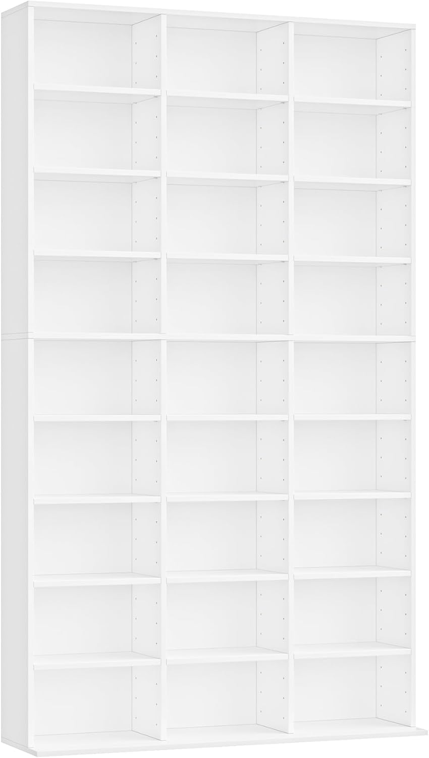 FirFurd Tall Bookcase CD DVD Storage Unit Tower Wooden Display Rack with Adjustble Shelves 27 Storage Compartments White Bookshelf 102.5x23.5x190cm