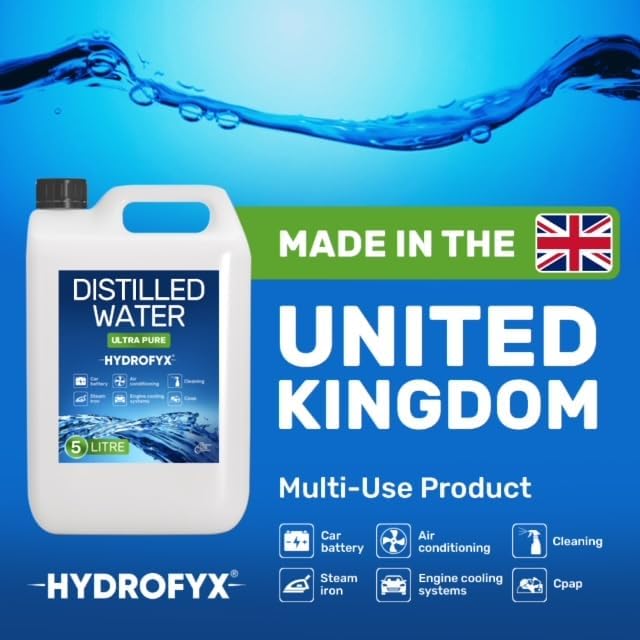 HYDROFYX 5L Distilled Water – 0 PPM TDS Mineral Free Water for CPAP Machines, Humidifiers, Steam Irons & Car Batteries – Made in UK