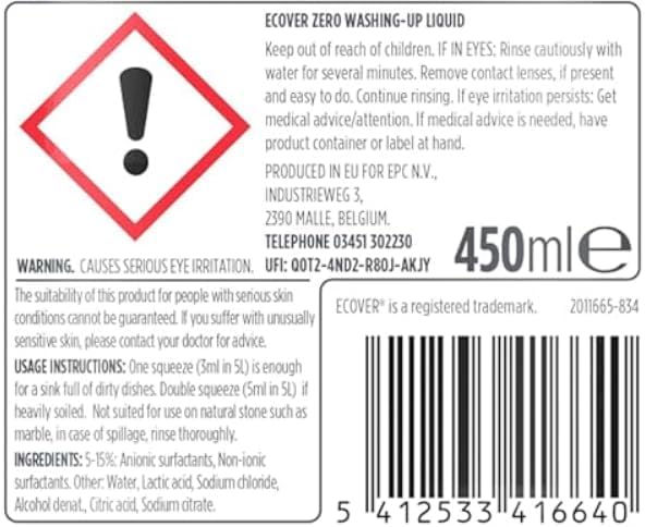 Ecover | Washing Up Liquid Zero | 6 x 450ml