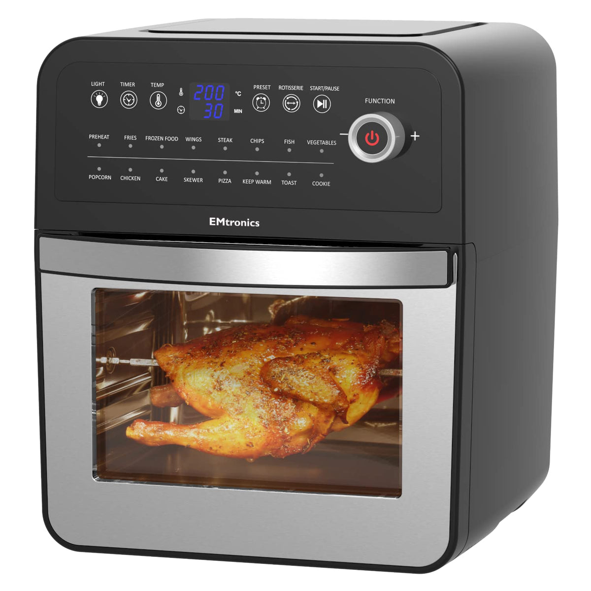 EMtronics Retro Air Fryer Oven Combi, Rotisserie and Grill, Large Family Size 12L with 16 Pre-Set Menus for Oil Free Cooking – Black