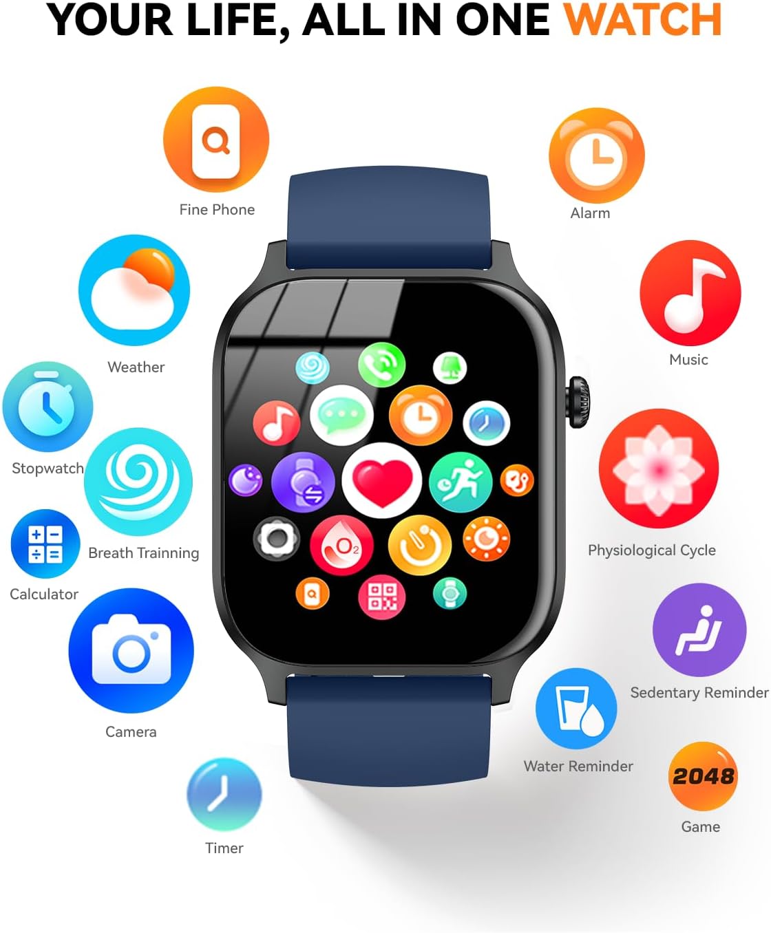 Smart Watch for Men Women- Answer/Make Call, 2024 IP68 Waterproof Fitness Tracker Watch with Sleep Step Counter Activity Smartwatch for Samsung Android iPhone iOS (Black-Blue, 1.83)
