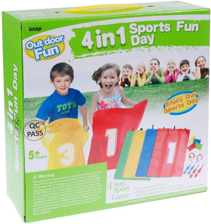 GOLDGE 32 Pcs Sports Day Kit, Sack Race Set Bean Bag Toss Fun Outdoor Garden Family Game for Adults And Kids, Includes 4 Coloured Sack, 4 Eggs, 4 Spoons, 4 Bean Bags, 2 Whistles and other