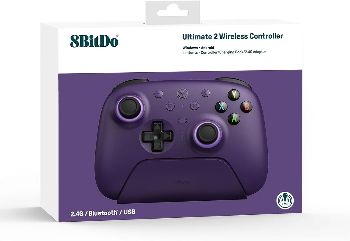 8Bitdo Ultimate 2 Wireless Controller for Windows & Android, Gaming Controller with TMR Joysticks, Switchable Hall Effect/Tactile Triggers, Motion Control, RGB Fire Ring, 8Speed Wireless Tech, Purple