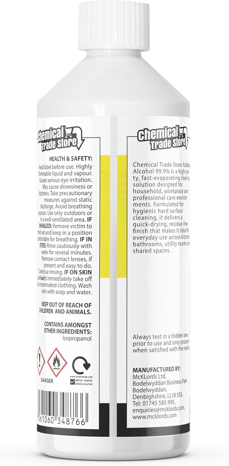 Rubbing Alcohol 99.9%, 500ml - High Purity Isopropyl Alcohol for Hygienic Surface Cleaning, Care Homes, Household Cleaning, Glass, Mirrors, Bathrooms, Kitchens & Hard Surfaces