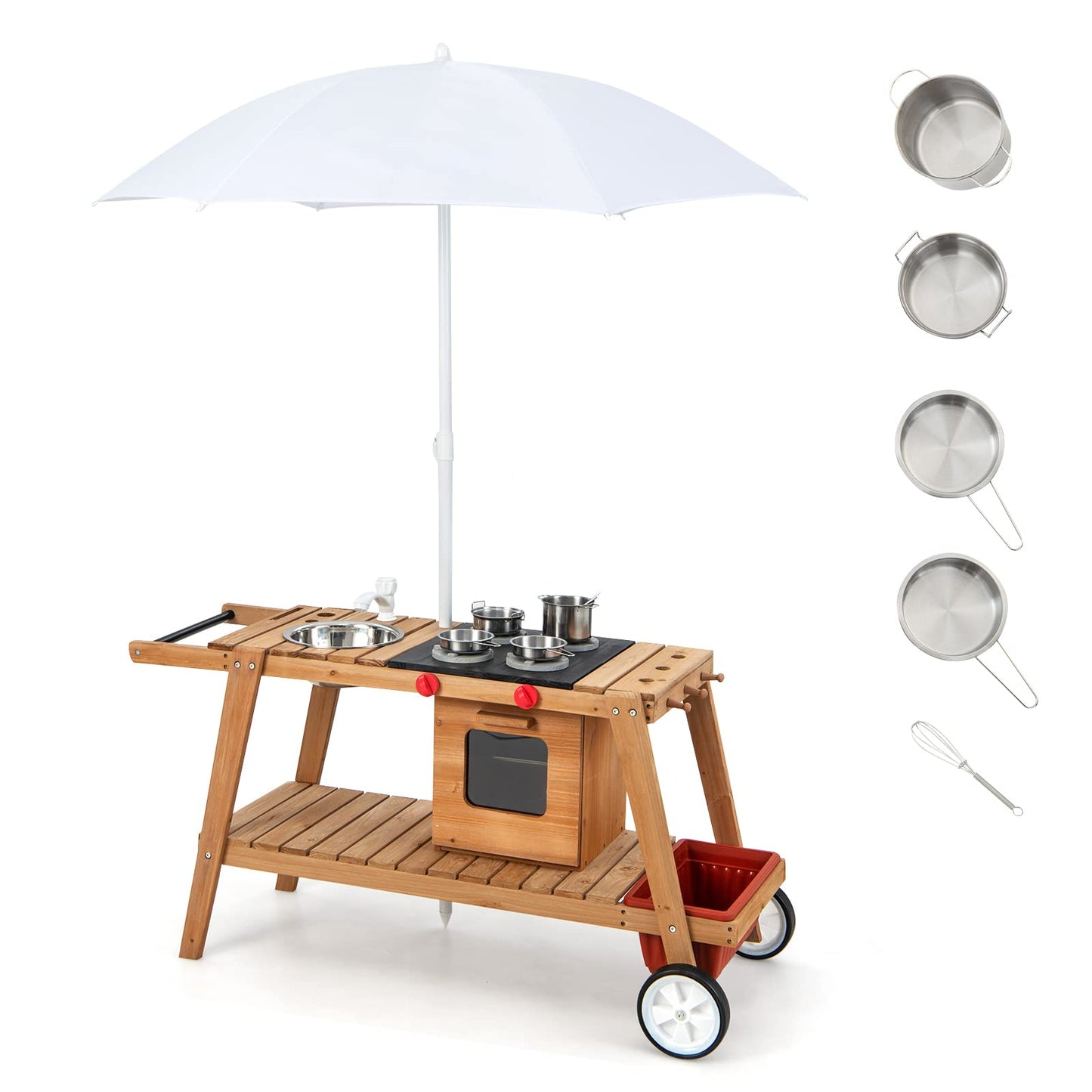 COSTWAY Wooden Mud Kitchen, Outdoor Kitchen Playset with Umbrella, Sink, Storage Cabinet and Accessories, Wheeled Role Pretend Cooking Cart for Kids Toddlers (Natural+White)
