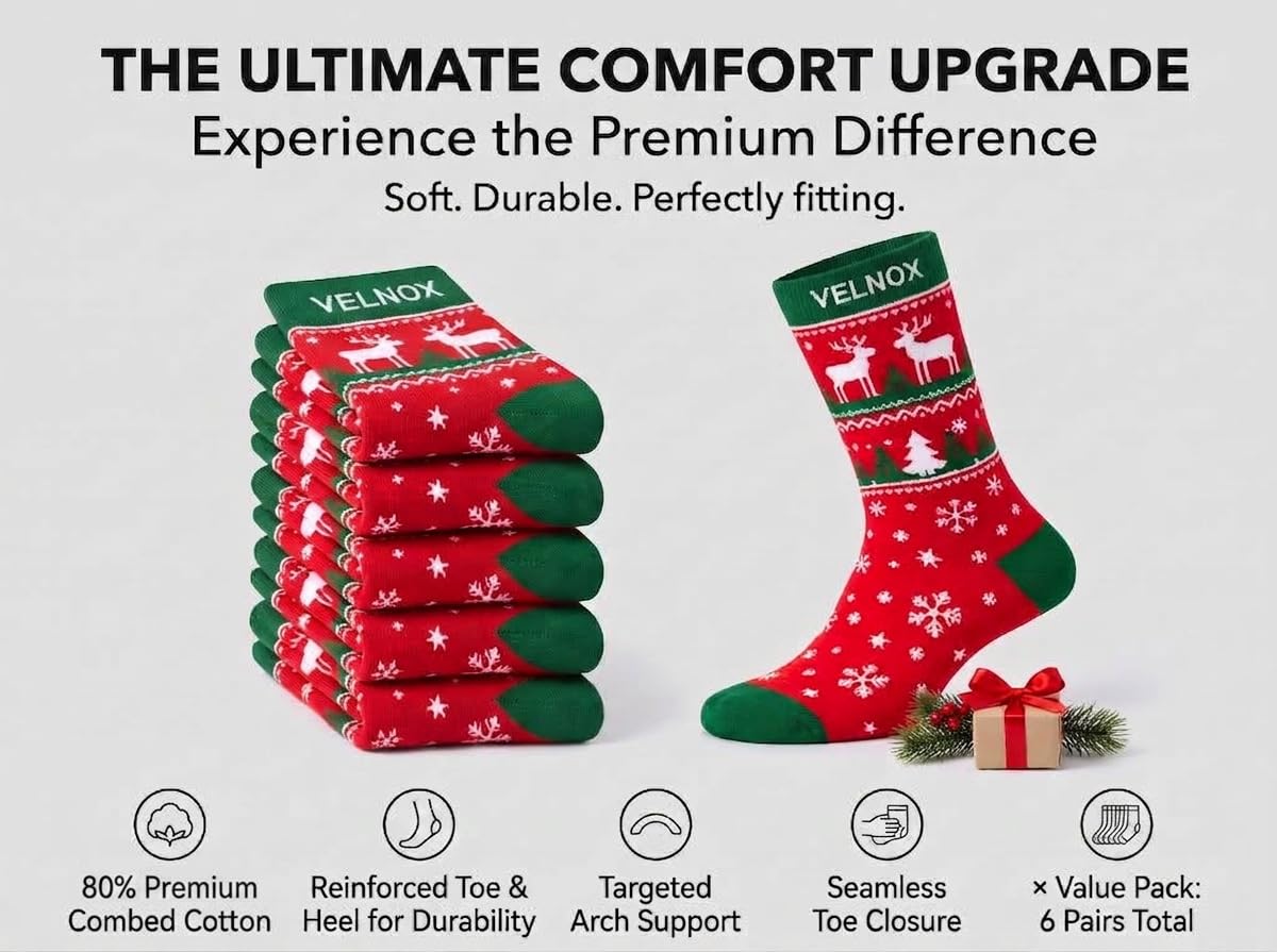 Christmas Socks for Men & Women, 6 Pairs, Festive Reindeer Cotton Crew