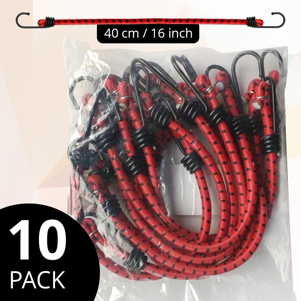 ANSIO Bungee Cords with Hooks 16” (40cm), Pack of 10 Bungee Straps - Red