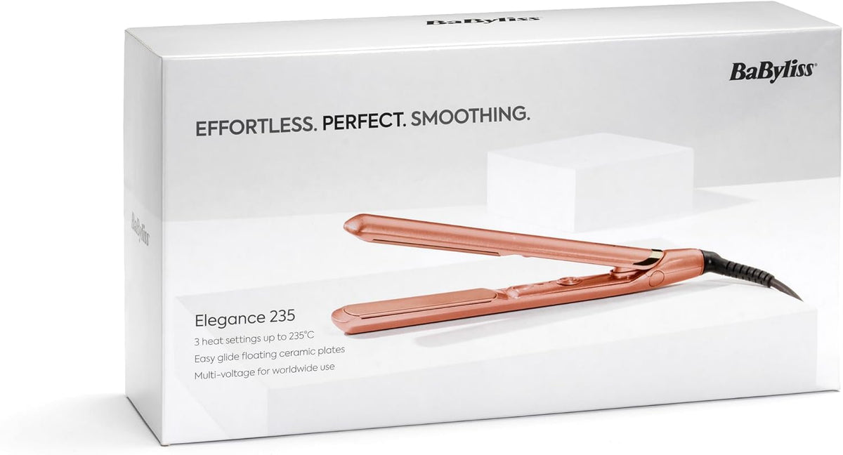 BaByliss Rose Gold Hair Straighteners - Ceramic Plates for Smooth Styling, Multi-Voltage Worldwide use, Ultra-Fast 15 Second Heat Up, 3 Heat Settings Up to 235°C, 2598U