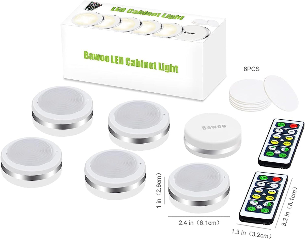Under Cabinet Lights, Wireless LED Puck Lights Remote Control, 4000K Natural White Brightness Dimmable Battery Powered Touch Closet Cupboard Kitchen Wardrobe Lights, 6 Pack (White)