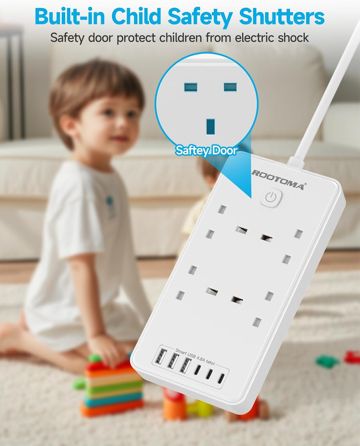 Extension Lead with 6 USB Slots (3 USB C), 4 Way Surge Protected, 3M