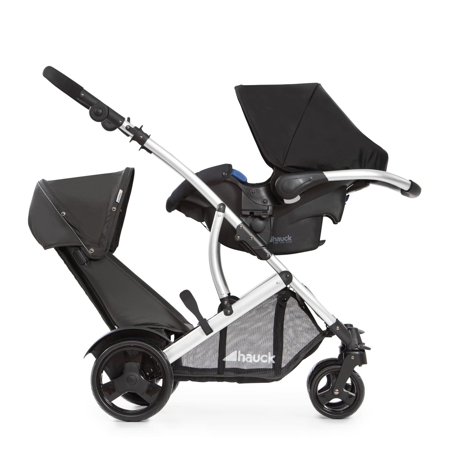 hauck Duett 2, Black - Baby & Toddler Tandem Pushchair with Raincover, Carrycot Convertible to Reversible Seat from Birth up to 15 kg & Second Seat from 6 Months, Compact & Foldable, Height-Adjustable