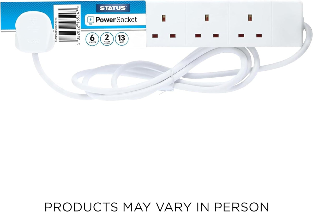 STATUS 6 Socket Extension Lead, 2m Multi-Plug Power Strip for Home, Office or Gaming Set-ups, White (S6W2MS12)