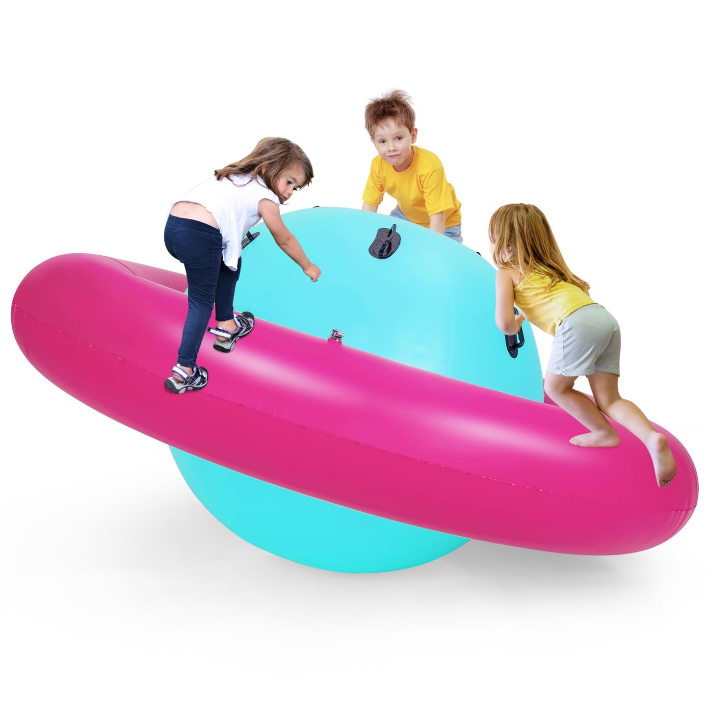 GYMAX 88'' Inflatable Dome Rocker Bouncer, Giant Inflatable Rocking Planet with 6 Handles, Indoor Outdoor Large Blow Up Rocking Ball for 5 Years Old+ Boys Girls, Max Weight 113kg (Pink+Green)