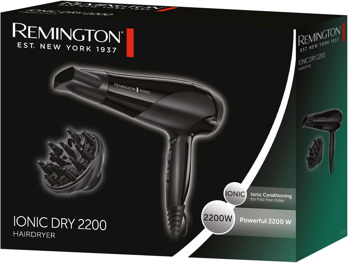 Remington Hair Dryer Ionic (Powerful, Fast Professional Styling, Diffuser, Concentrator, Ionic Conditioning for Frizz Free Hair, 3 Heat / 2 Speed Settings, Cool Shot, 2200W, Black) D3198