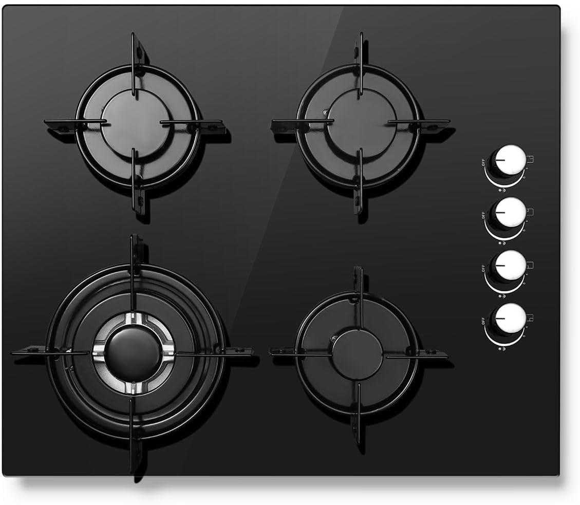SNDOAS Gas Hob 4 Burners, NG/LPG Convertible, Built-in Black Glass Gas Hob with Wok Burner, Flame Failure Protection, 8000W, YYUKGCT-B04