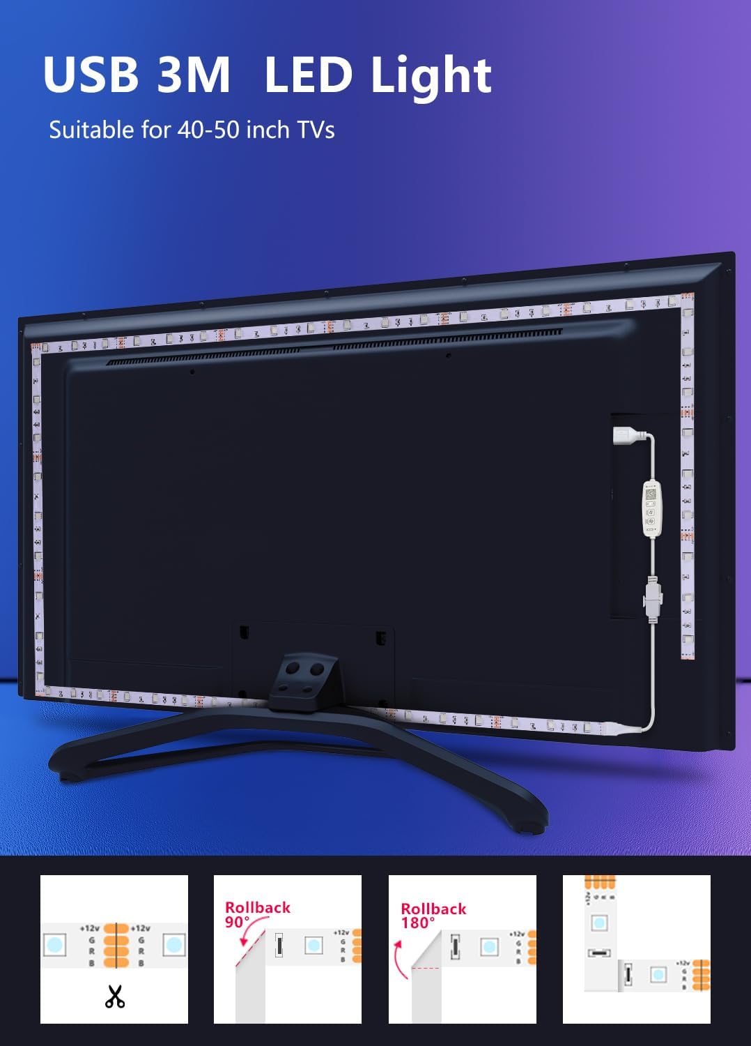 Beaeet TV LED Lights, 3M TV Backlight LED Strip for 32-60 Inch TVs, USB Powered Behind TV Light with RGB Music Sync and Bluetooth Remote Control for Home Decor