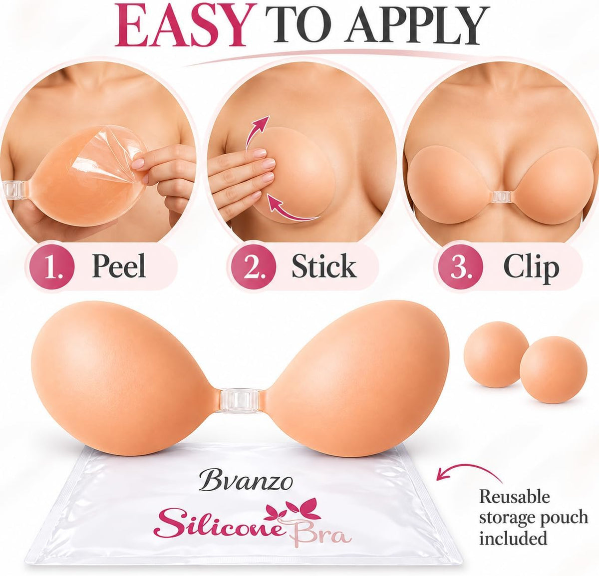Bvanzo Stick On Bra for Women, Invisible Sticky Backless Strapless Push Up Bra with Sticky Bra Push Up, Skin Friendly and Breathable, Reusable Silicone Adhesive Bra