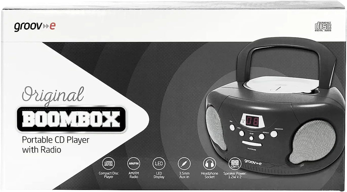 Groov-e Original Boombox - Portable CD Player with Bluetooth, Radio, 3.5mm Aux Port, & Headphone Socket - LED Display, 2 x 1.2W Speakers - Battery or Mains Powered - Black