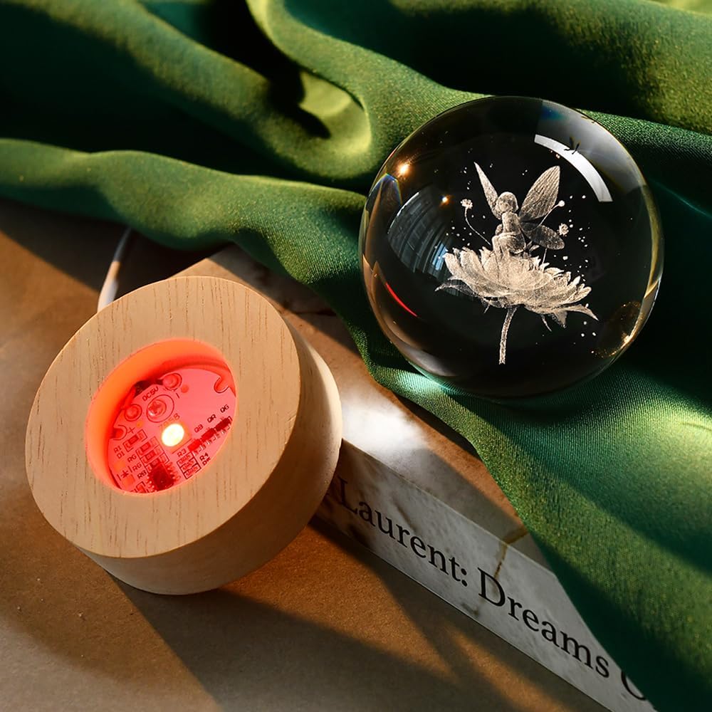 3D Fairy Crystal Ball 60mm Glass Fairy with Flower Night Light Gifts for Girl Women with Light Base