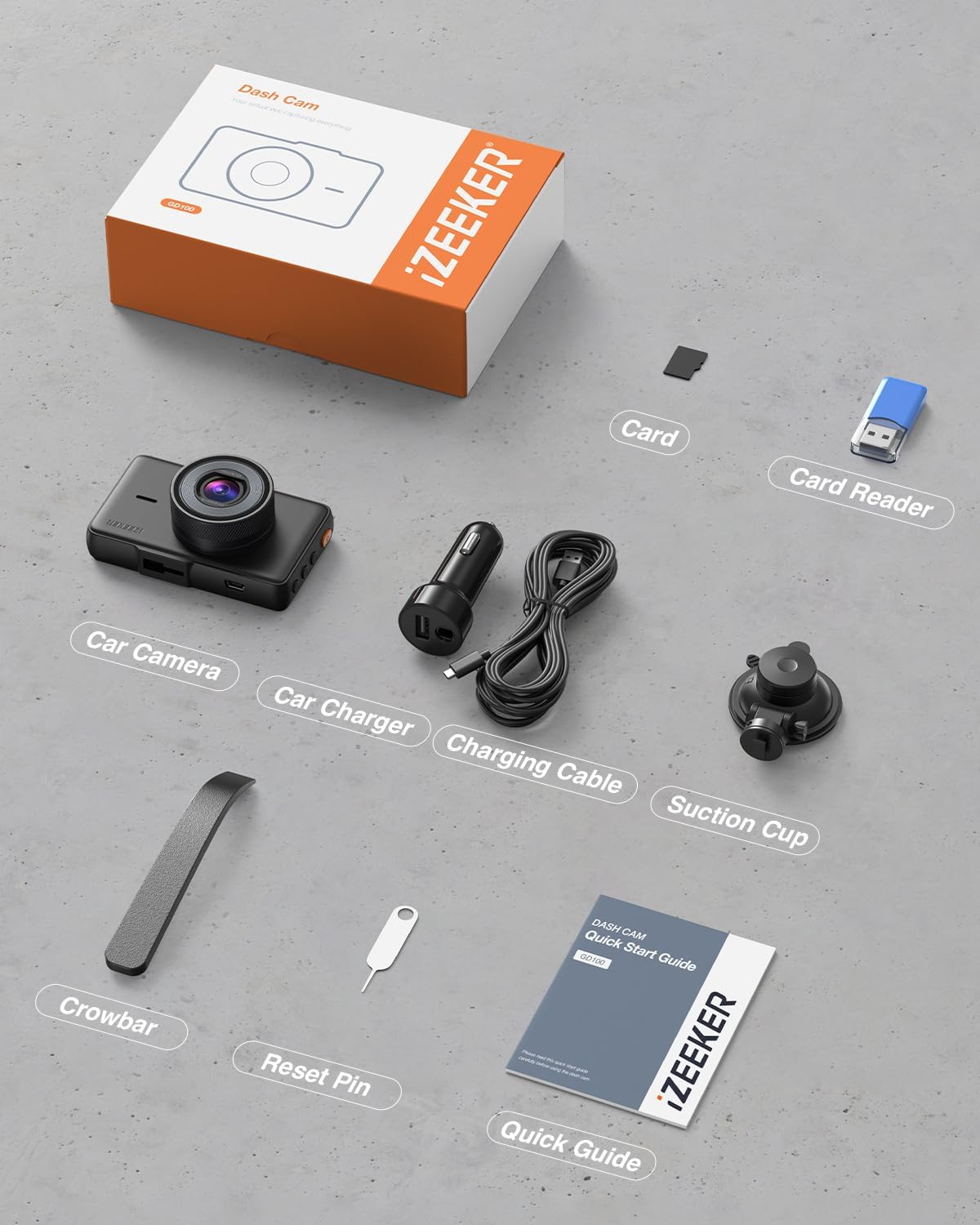 iZEEKER GD100 2.5K Dash Cam Front, 32GB Card, 3-Inch IPS, WDR Night Vision