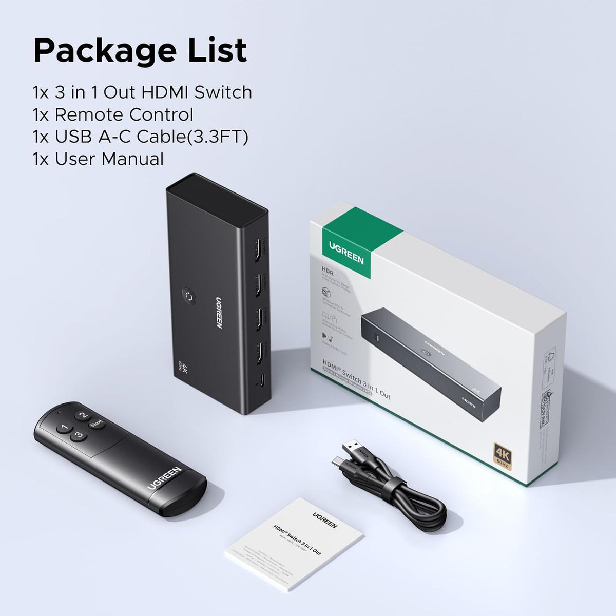 UGREEN HDMI Switch 3 in 1 Out, 4K@60Hz HDMI Splitter with Remote