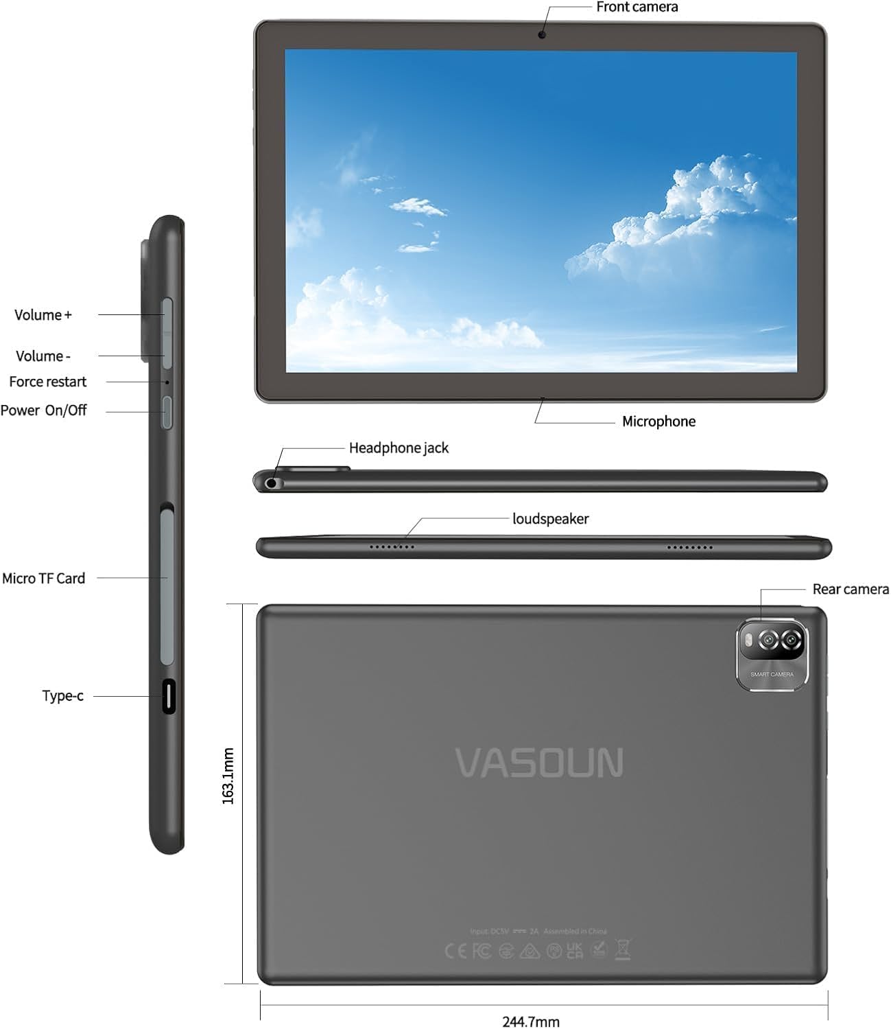VASOUN Tablet 10 inch, Android 15 Tablets with 12(3 + 9 Expandable) GB RAM 64GB ROM,1280 x 800 HD IPS Display, Wifi, 1.6GHZ Quad Core Processor, Dual Camera, Bluetooth,Tablet PC (Black)