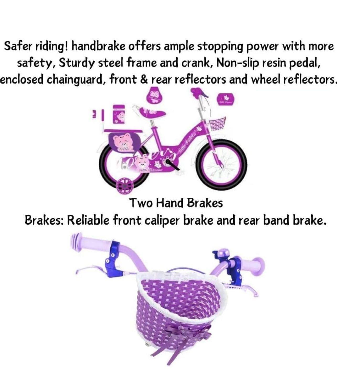 Girls Bike 16" Purple with Stabilisers, Basket & Bell — Adjustable Seat & Handlebars