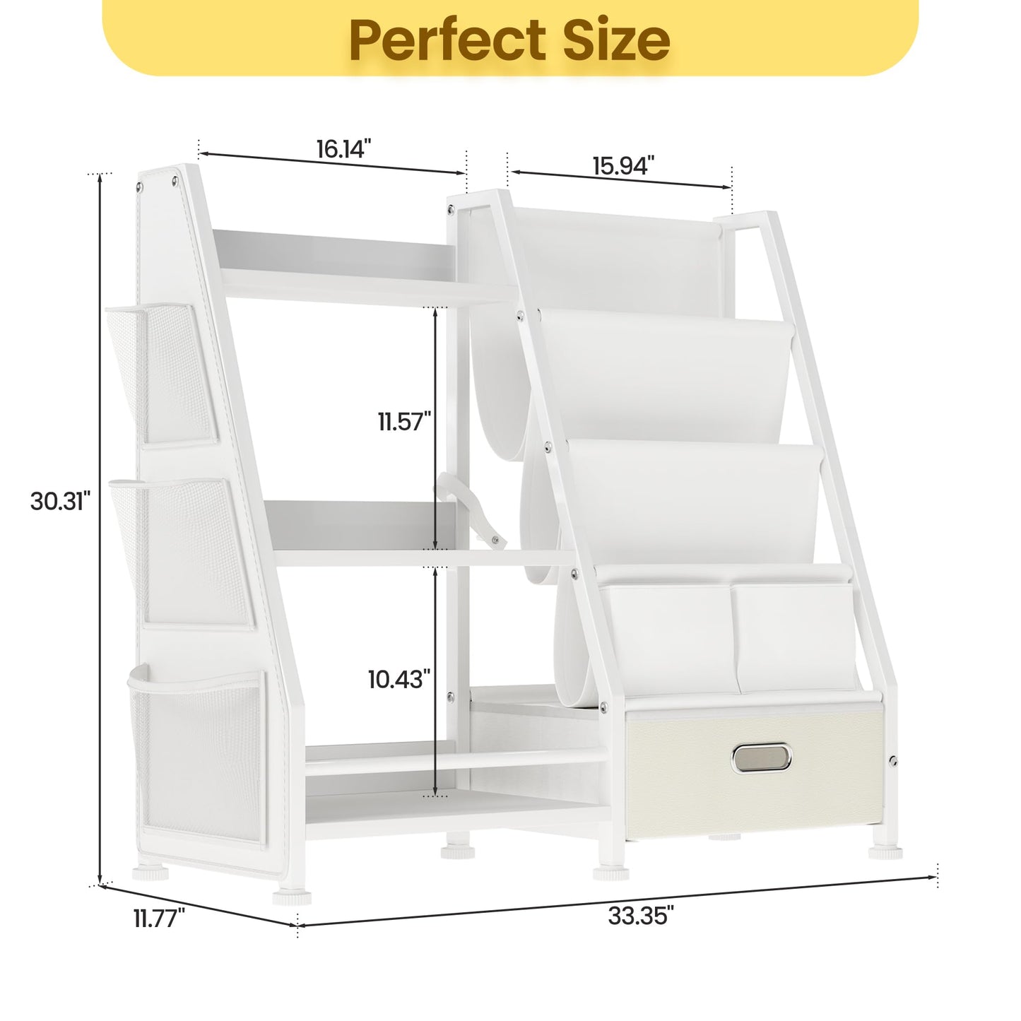 GoTiling Kids Bookshelf and Toy Storage Organizer: 3-Tier Sling Book Shelf with 3 Side Pockets for Kids Room - Toy Storage Organizer with 2 Fabric Drawers for Nursery, Bedroom, Playroom
