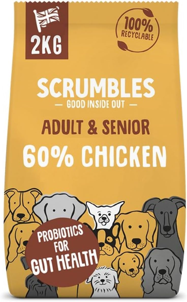 Scrumbles • Dry Dog Food • Hypoallergenic • All Lifestages • Chicken 60% • 2kg Bag • Natural Complete Adult Recipe • Gut Friendly Prebiotics & Probiotics • Gluten Free