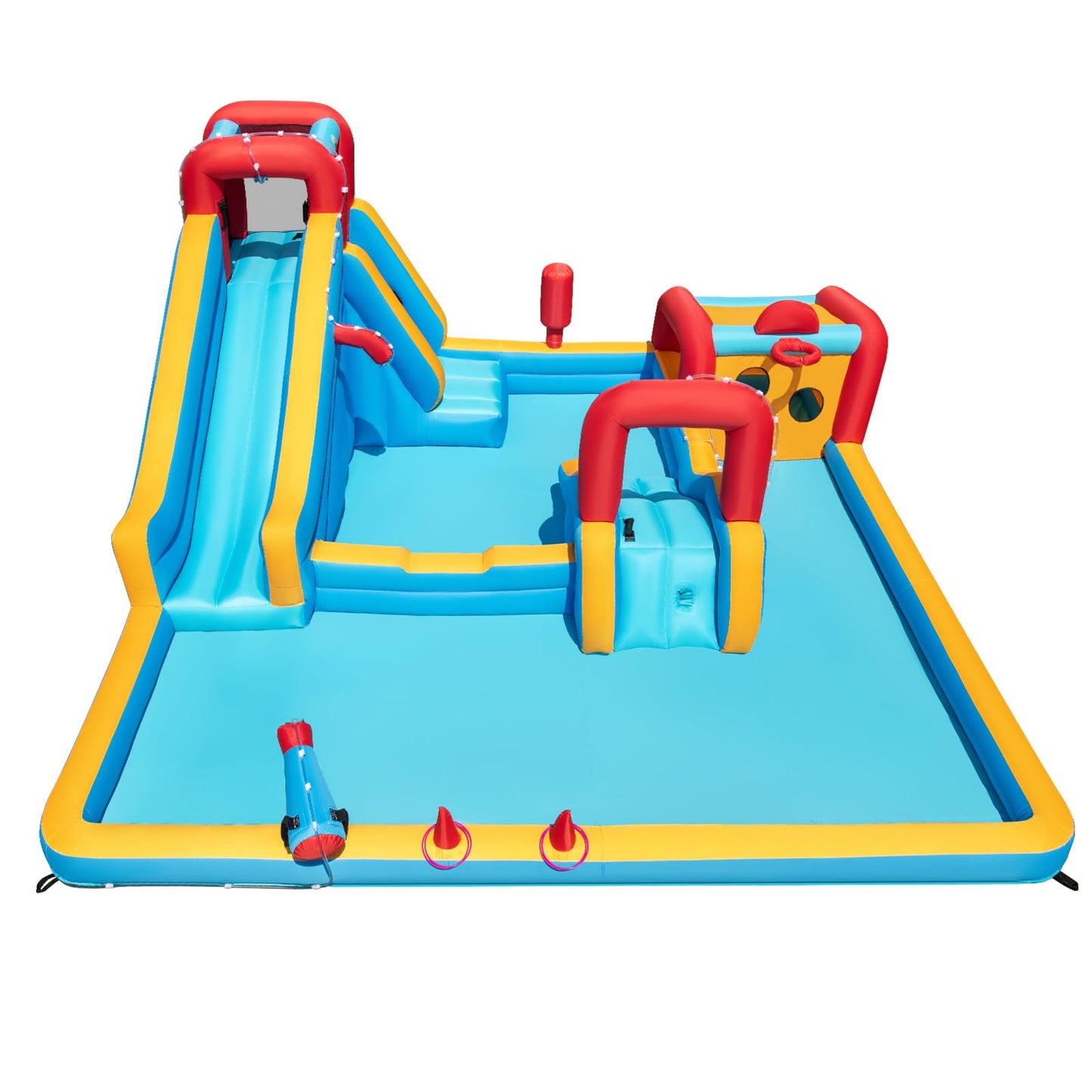 COSTWAY Inflatable Water Park, 9 in 1 Giant Kids Bouncy Castle with Double Slides, Climbing Wall, Splash Pools, Water Cannon, Outdoor Blow Up Bounce House for 3-12 Years Old (without blower)