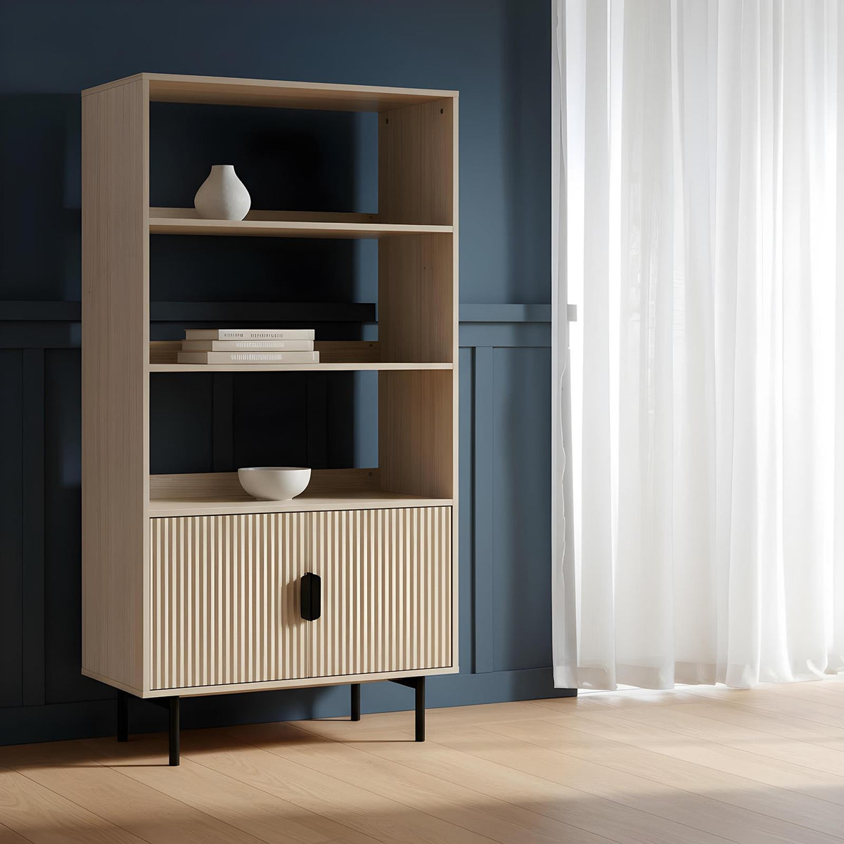 OHS Ribbed Display Cabinets 4 Tier Engineered Wood Shelf Storage Unit
