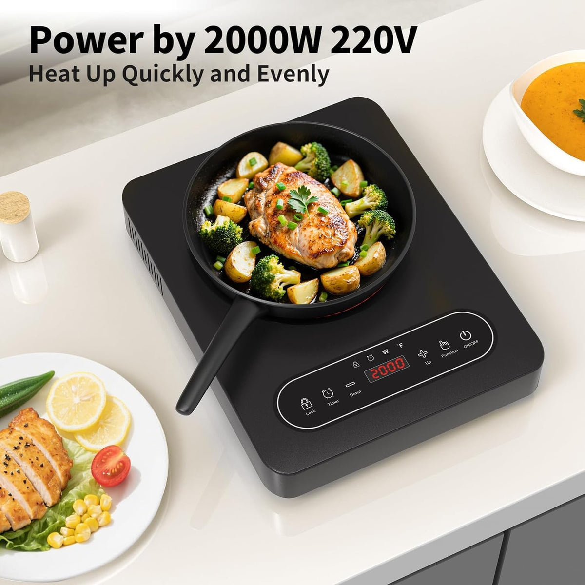 VBGK Portable Ceramic Hob, 2000W Portable Electric Hob, Electric Ceramic Hob, Single Cooking Zone with LED Display, 4-Hours Timer, Safety Lock, Residual Heat Indicator