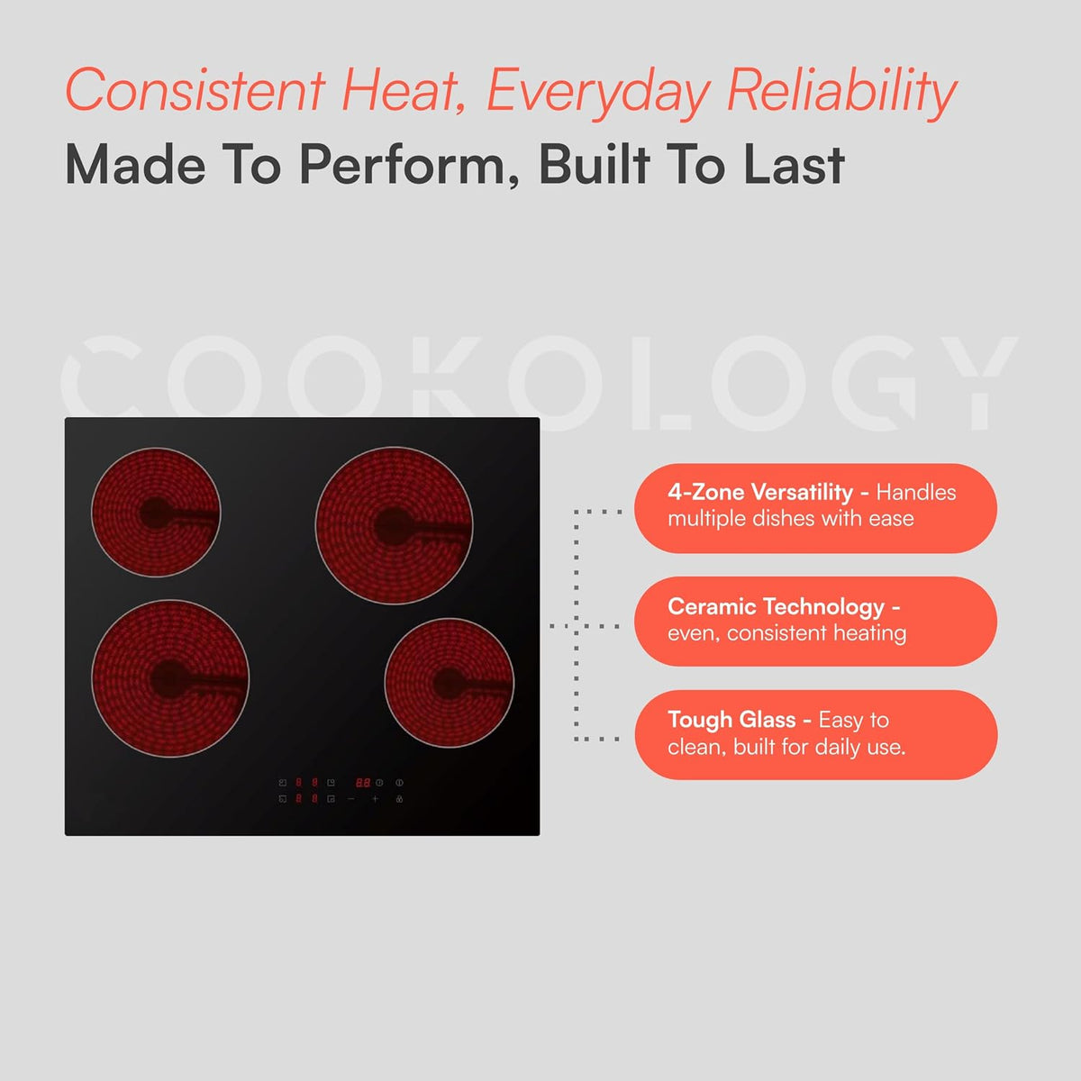 Cookology 60cm Electric Ceramic Hob - 4 Zone - 6000W - Touch Controls