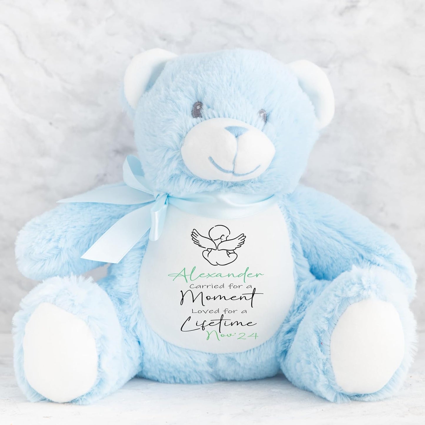 Personalised Teddy Baby Memorial Keepsake | Customised with Name or Message | Tribute for Baby Loss | Velveteen Rabbit Soft Toy | Grey, White