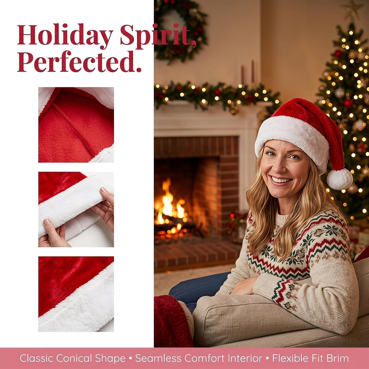 Mepham Santa Hats, Classic Plush Christmas Hat with Fluffy Pom Pom for Adults, Warm Festive Headwear for Xmas Office Party and Holiday Dress Up
