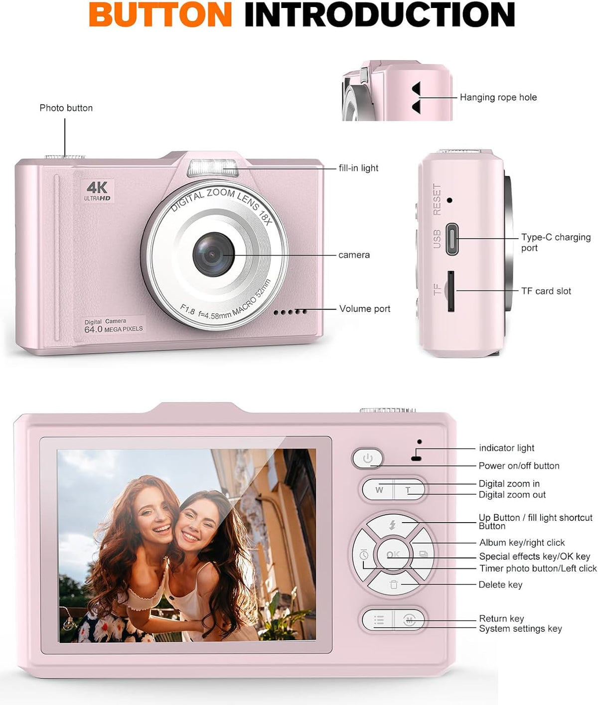 Digital Camera 4K 64MP Portable Vlogging Camera with 32GB SD Card