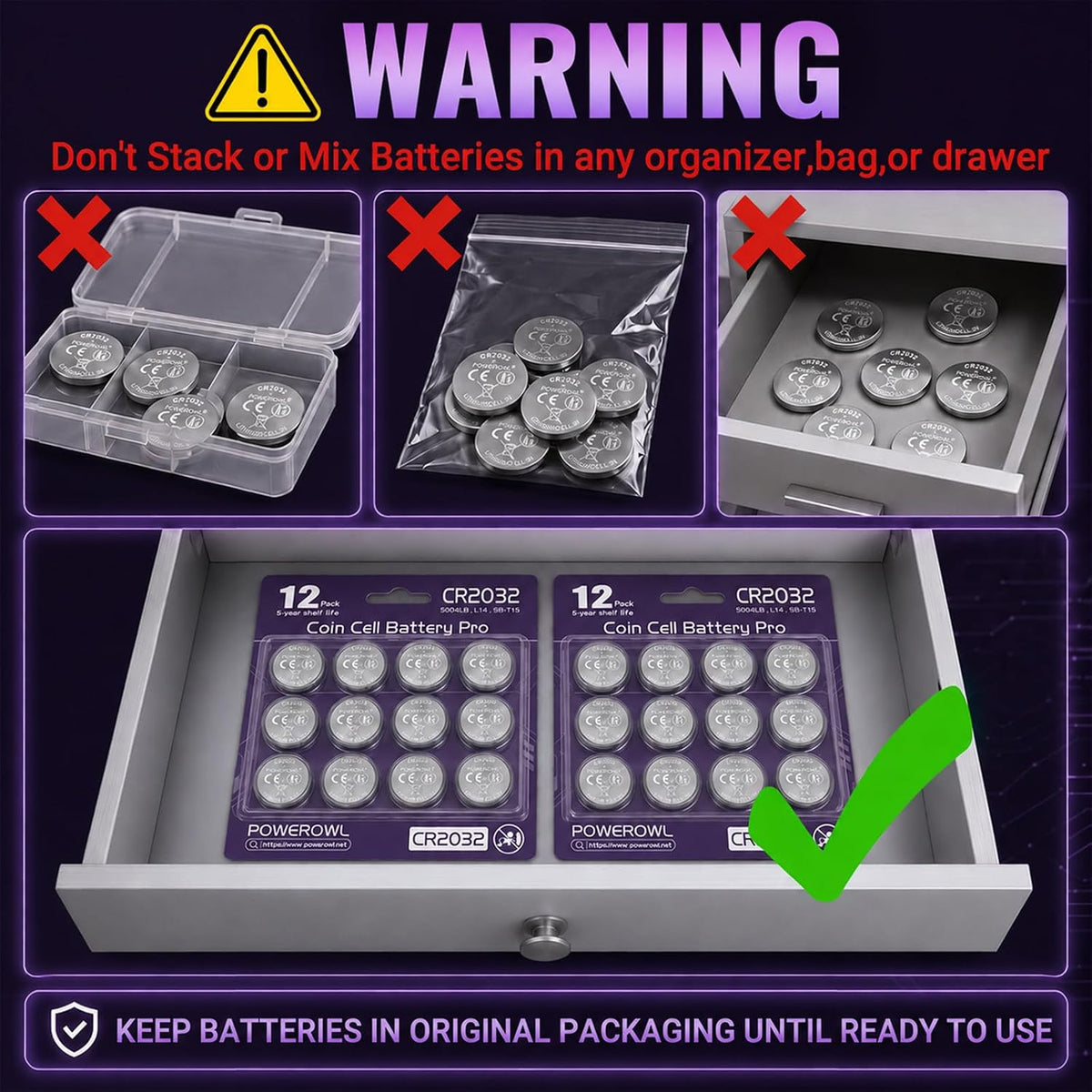 POWEROWL CR2032 Batteries 12 Pack, Long Lasting Power for AirTag, Car Remote Key Fob, 2032 lithium 3v coin battery