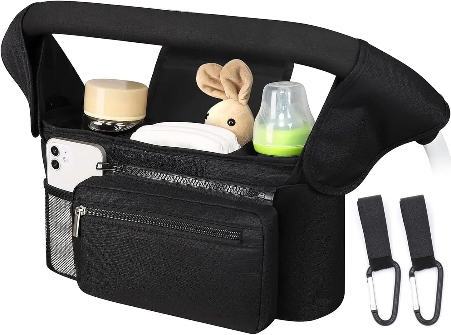 Baby Pushchair Organiser,Baby Pram Bag Stroller,2 Insulated Cup Holder, Large Capacity, Detachable Zippered Pocket, Adjustable Shoulder Strap & Non-Slip Hooks - Fits Any Pram Handlebar