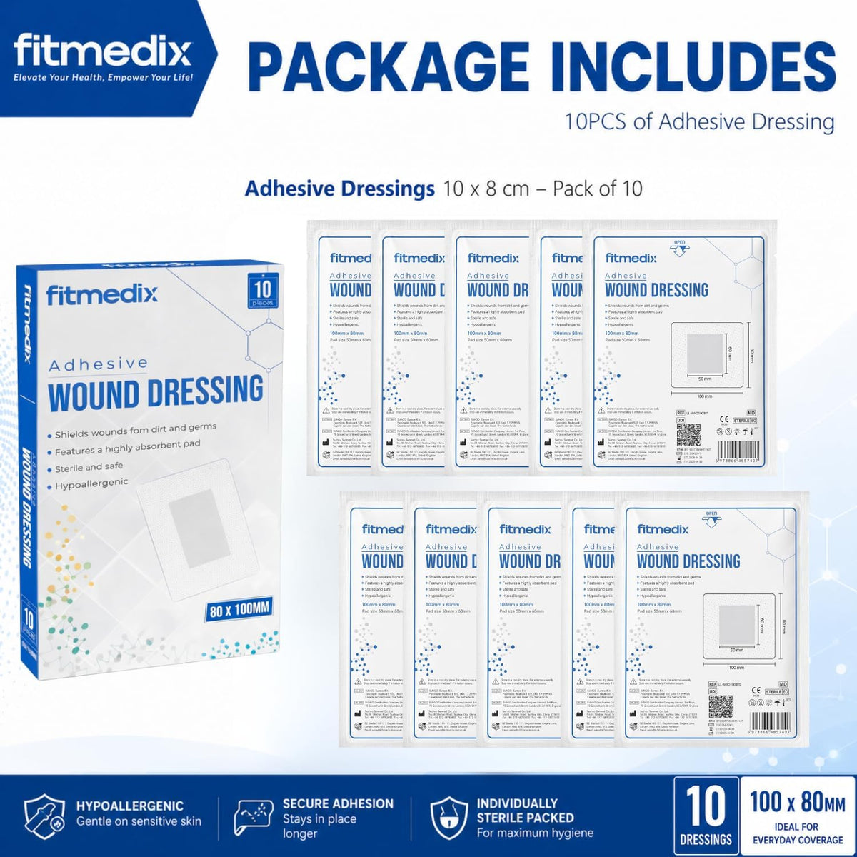 FitMedix Adhesive Wound Dressings (80mm x 100mm)- **Pack of 10** Sterile Dressings for Wounds, Cuts, Grazes, Diabetic Leg Ulcers, Venous Leg Ulcers & Small Pressure Sores- Hypoallergenic Plasters