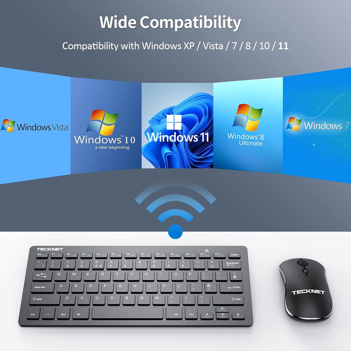 TECKNET Mini Wireless Keyboard and Mouse Set, 2.4G Cordless USB, Black