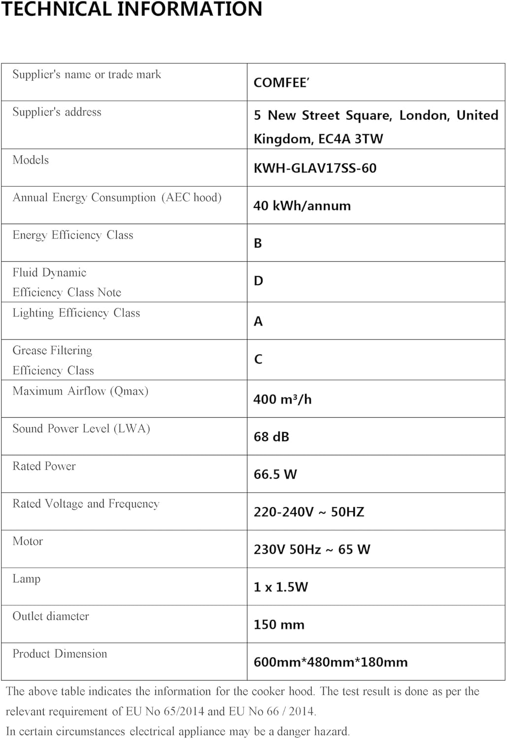 COMFEE' 60cm Cooker Hood, Glass Extractor Hood, Stainless Steel