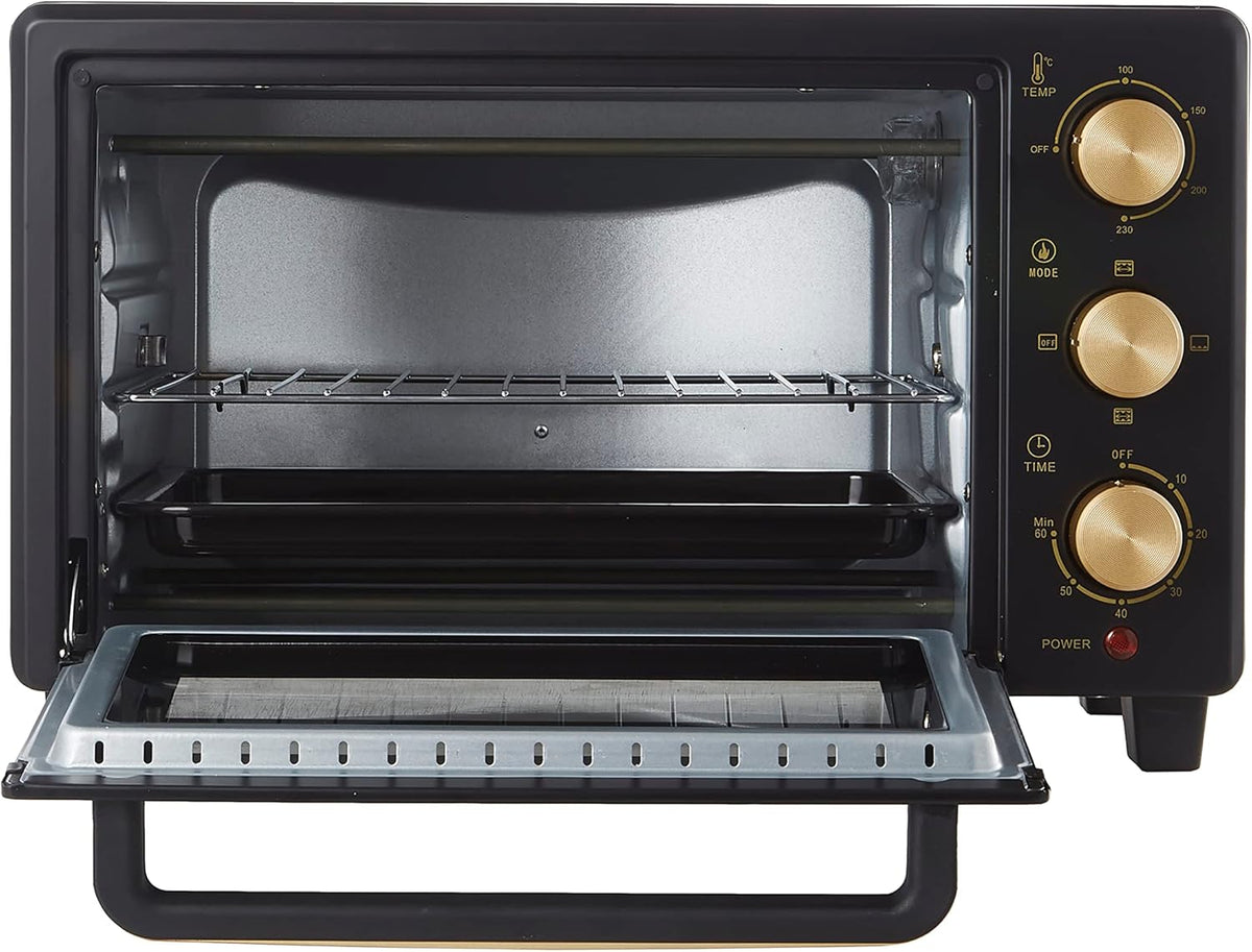 Belaco 23L Toaster Oven Tabletop Cooking Baking Portable Oven Rotiseerie1380w 60 min Timer with auto shut off 100-250° Stainless Steel Heating Tube incl. Baking Tray, Wire Rack, Handle, Rotisserie…
