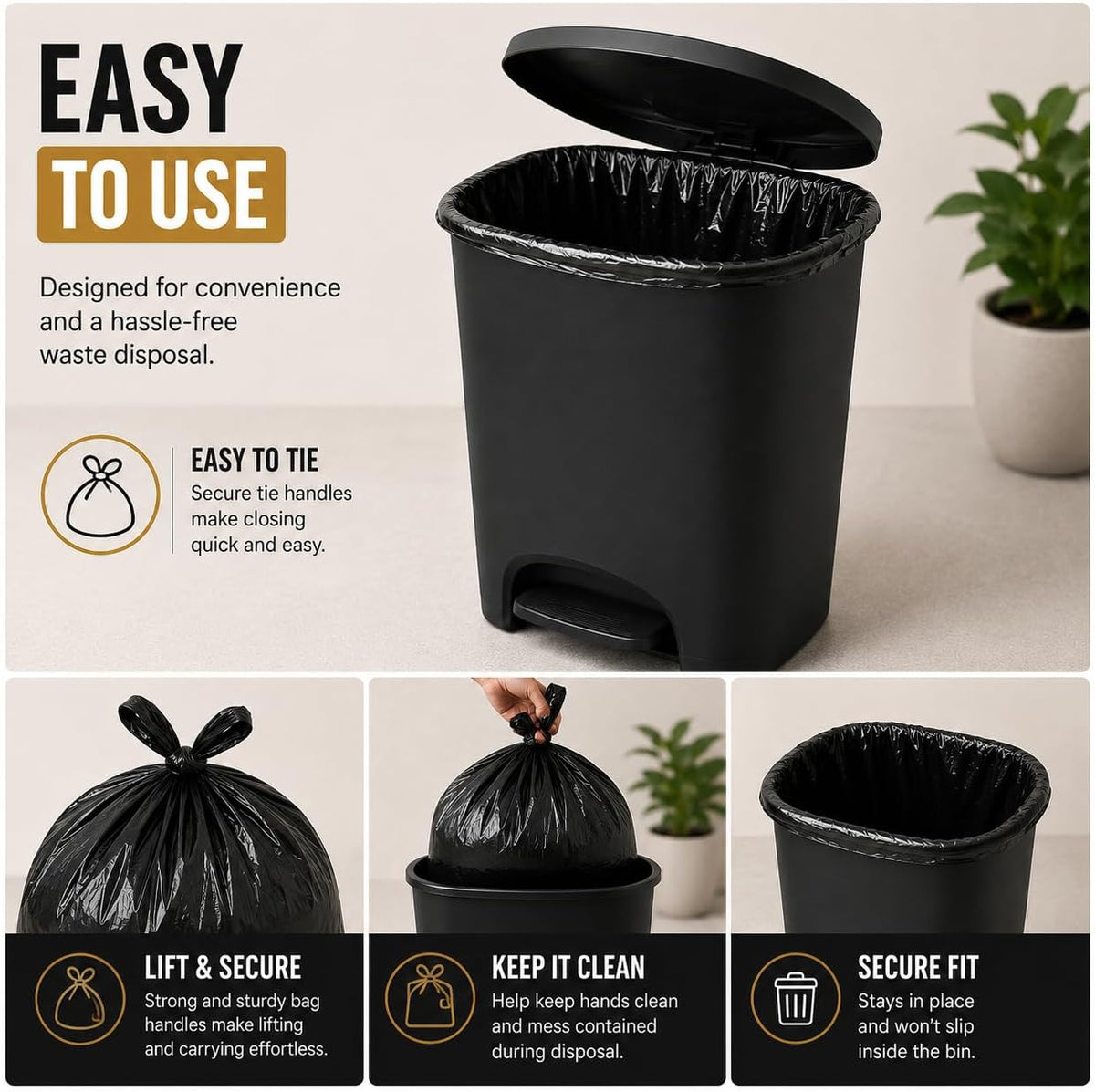 Haya Home 50L 50 Bin Bags Heavy Duty Bin Liners, Black Plastic Refuse Sacks large Garbage Waste Dustbin Bags for Kitchen Home Office DIY Garden from 100% Recycled Material