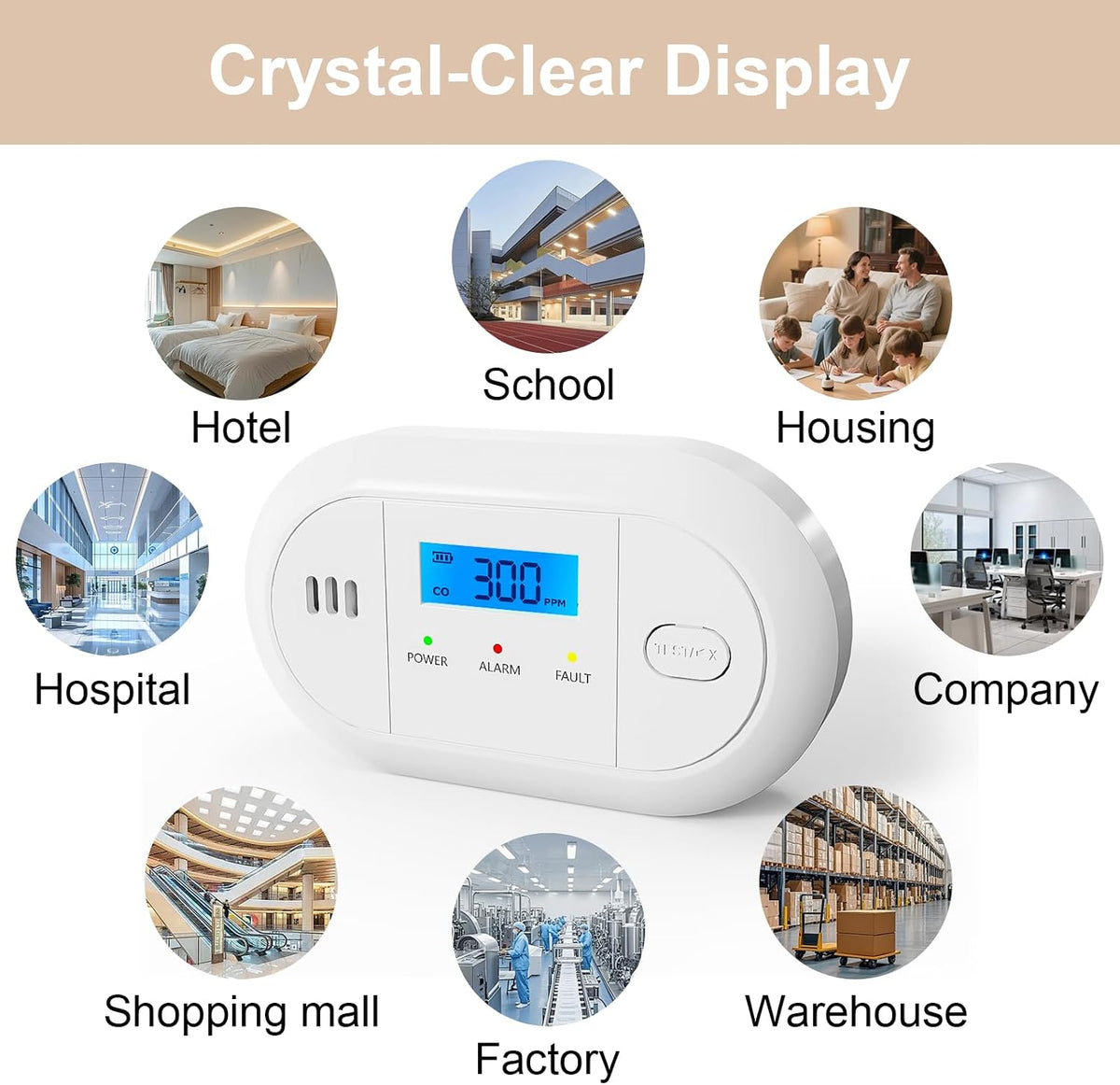 Carbon Monoxide Detector with LCD Display,CO Alarms Replaceable Battery Powered,10 Year Sensor Life Portable CO Detectors for Travel,1 PCS
